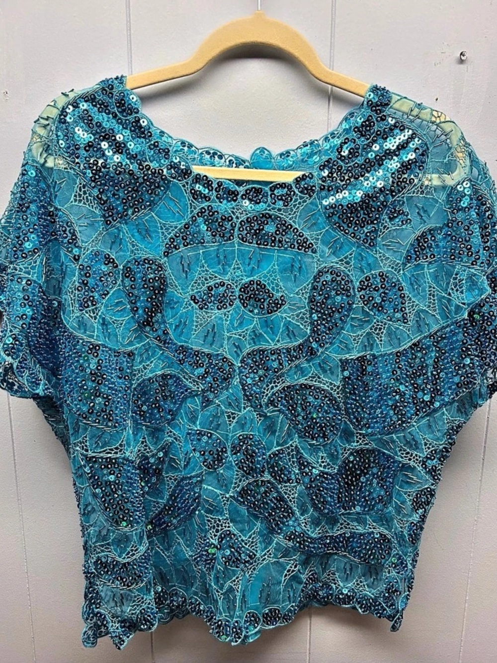 Blue Sequin Floral Short Sleeve Evening Blouse Glam